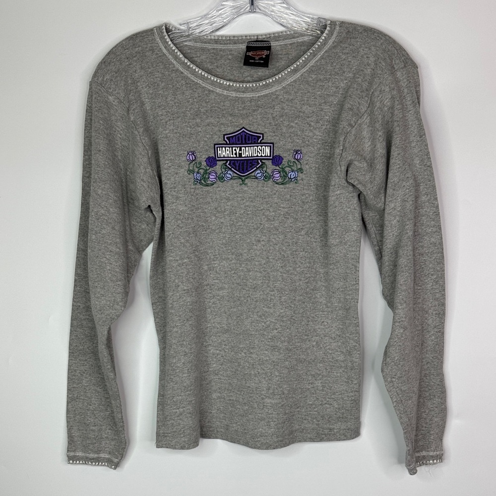 Vintage Harley Davidson Gray Floral Long Sleeve Shirt S/M Fort Collins, Co